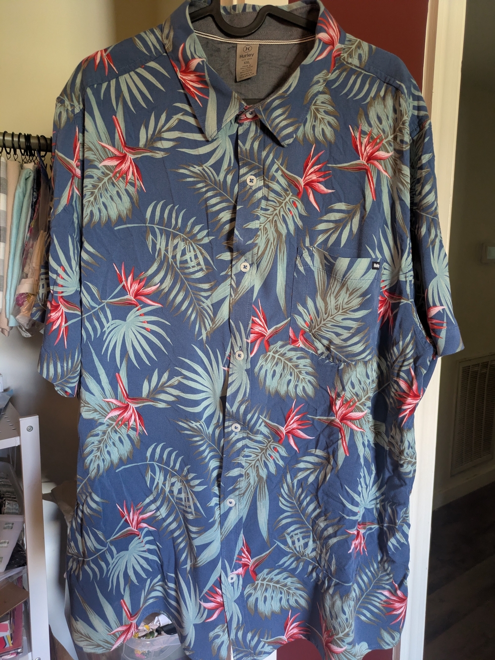 Hurley Hawaiian Floral Button-Up Shirt - Blue with Red Accents, Men's XXL